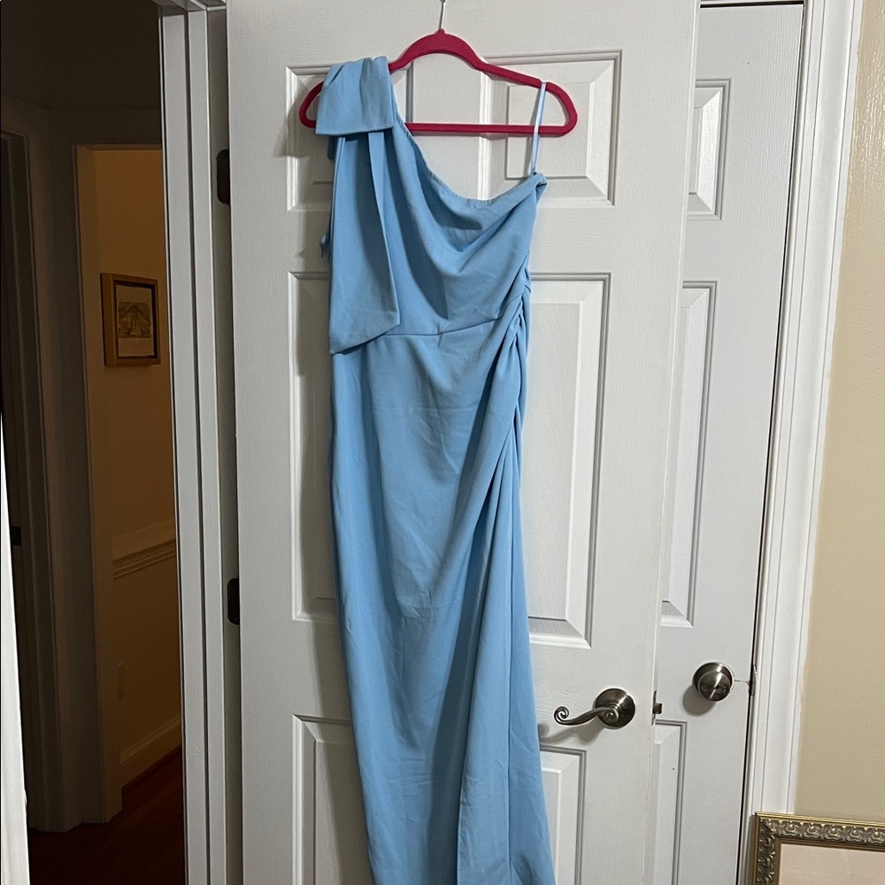 Pretty Garden Blue One Shoulder Bow Ruched Zip Up Maxi Dress with Side Slit L